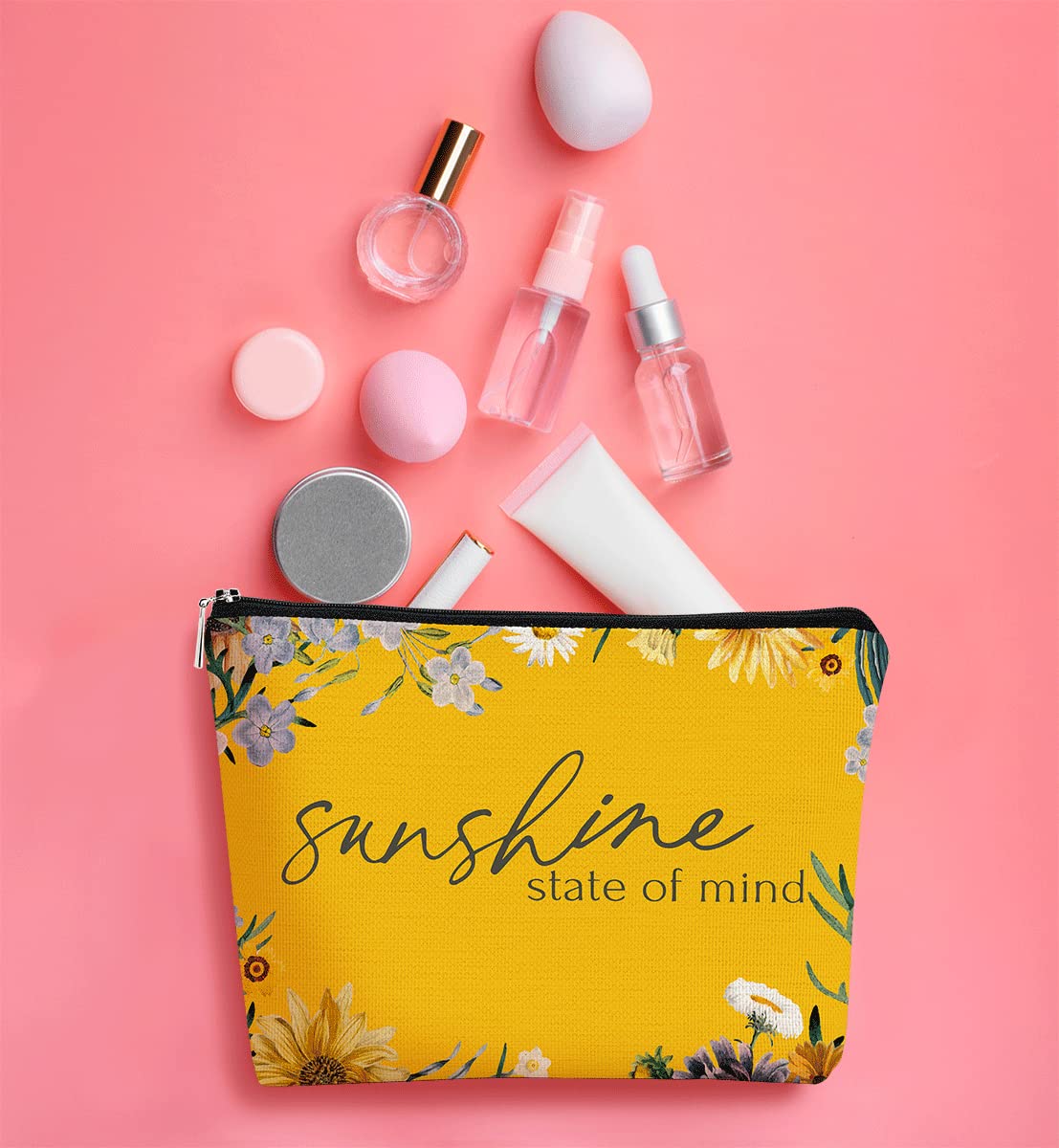 Sunshine State of Mind Summer Yellow Sunshine Inspirational Floral Makeup Bag Cosmetic Bag Gift for Teen Girls,Birthday Christmas Gifts for Women Friends Mom Wife Grandma Daughter Teacher Coworker