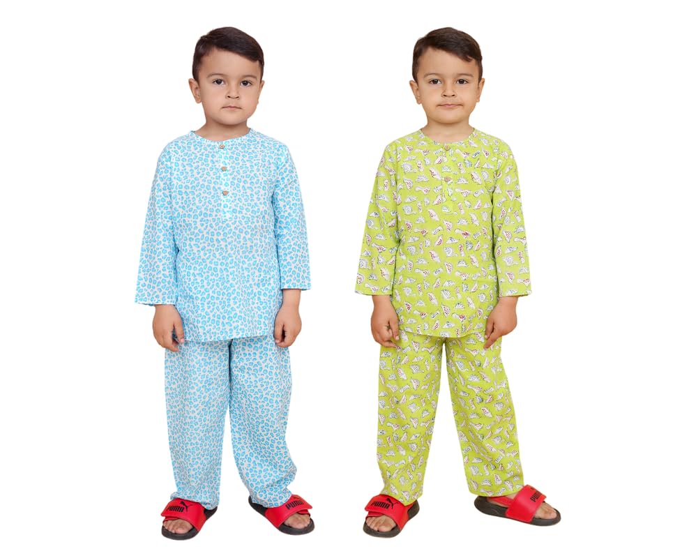 Image of Boys Cotton Night Suit | Jaipur Handblock Print Pajama Set for Kids | Boys Sleepwear | Kids Pajama Set | Baby & Toddler Sleep Suit | Combo Pack of 2