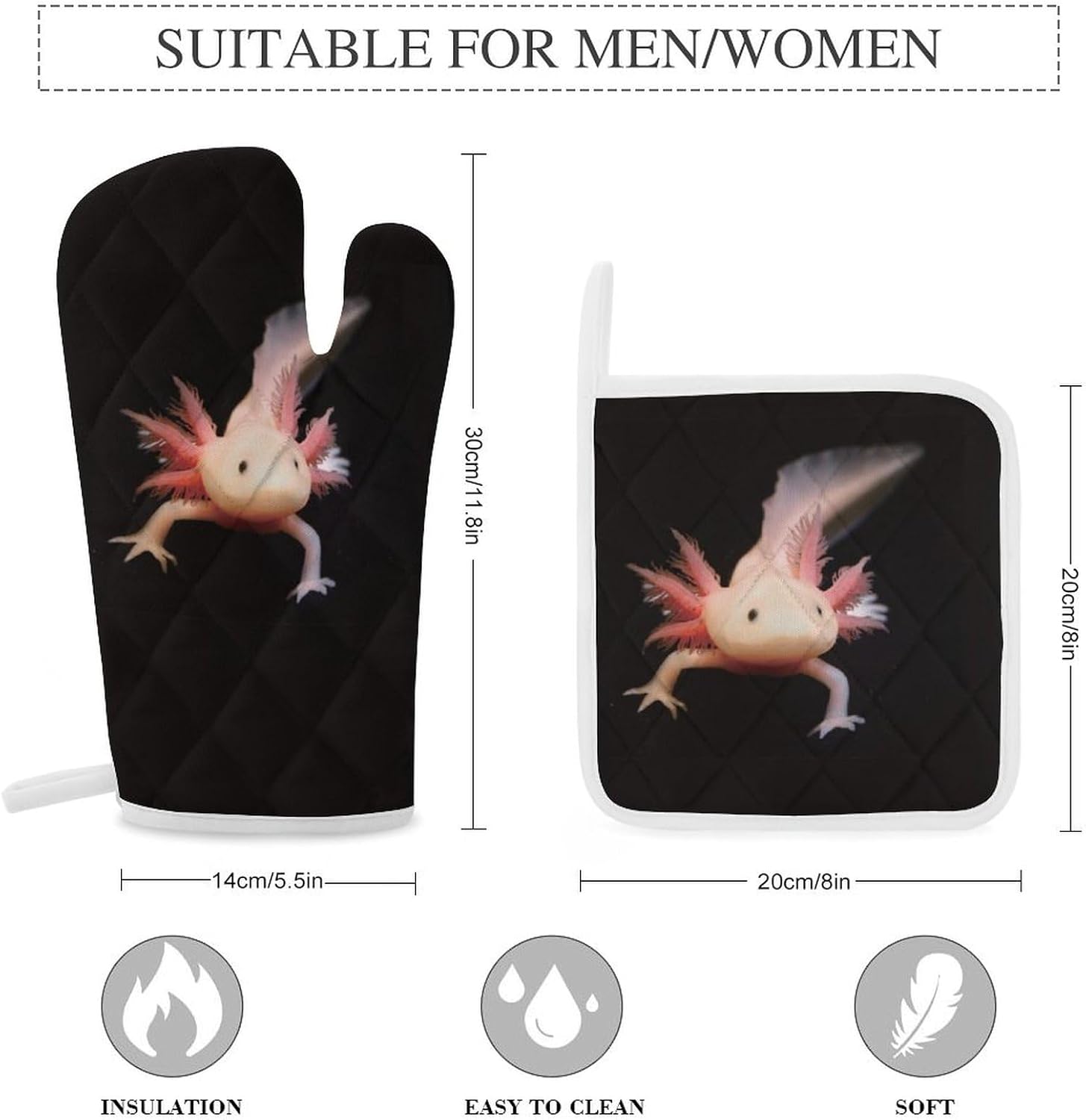 Cute Newt Axolotl Print Oven Mitts and Pot Holders 3 Piece Sets Heat Resistant Gloves Hot Pads Potholders for Kitchen Baking Cooking