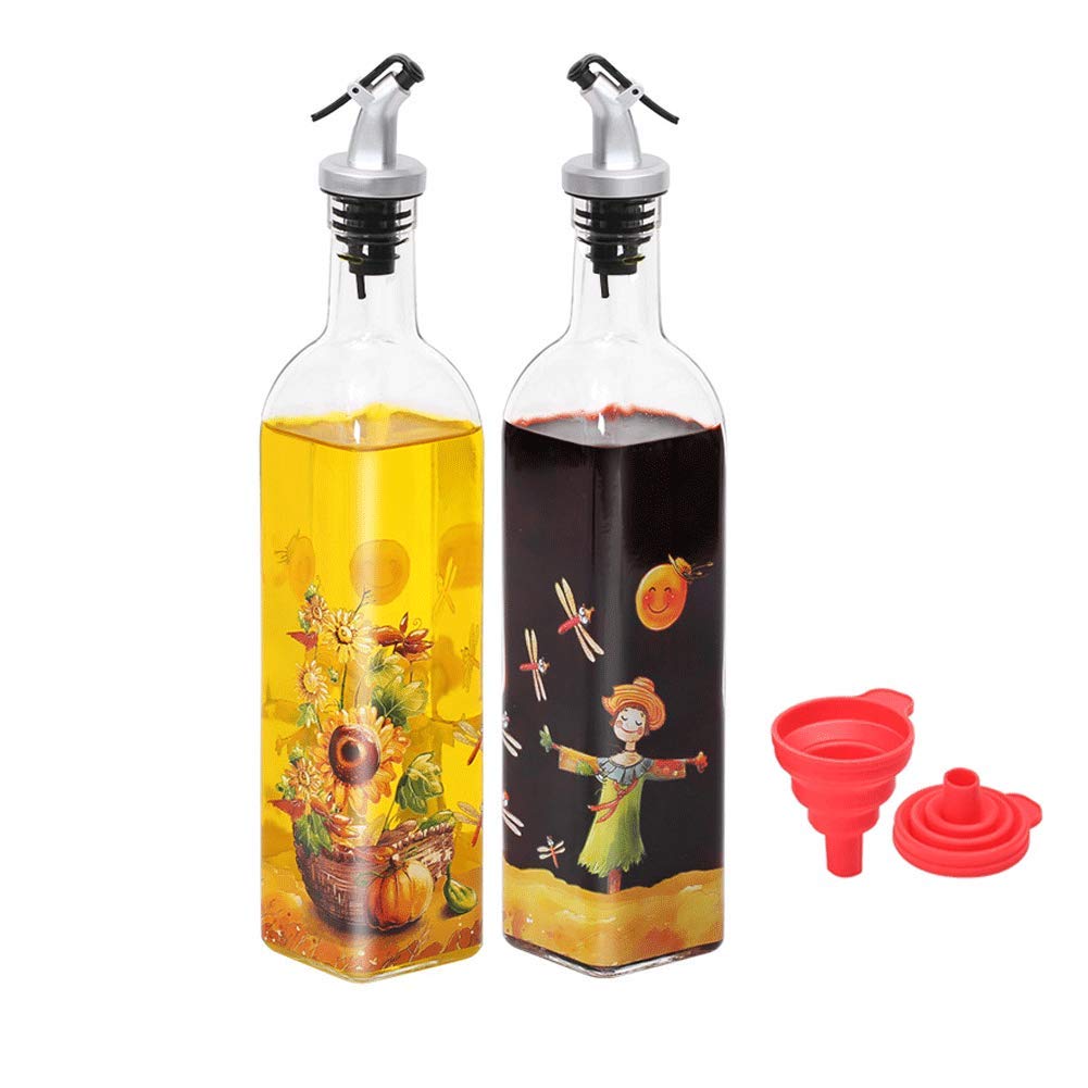 BIPEGE Olive Oil Dispenser Bottle (Set of 2), 17 Ounce Superior Glass Oil and Vinegar Dispenser with Silicone Funnels, Cruet Container for Variety of Oils