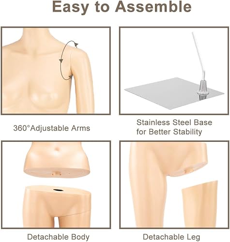 Miniatura 5 de Bonnlo Maniquí femenino de cuerpo completo, ajustable, forma de vestido de maniquí con base de metal, 68 pulgadas, plástico desmontable para