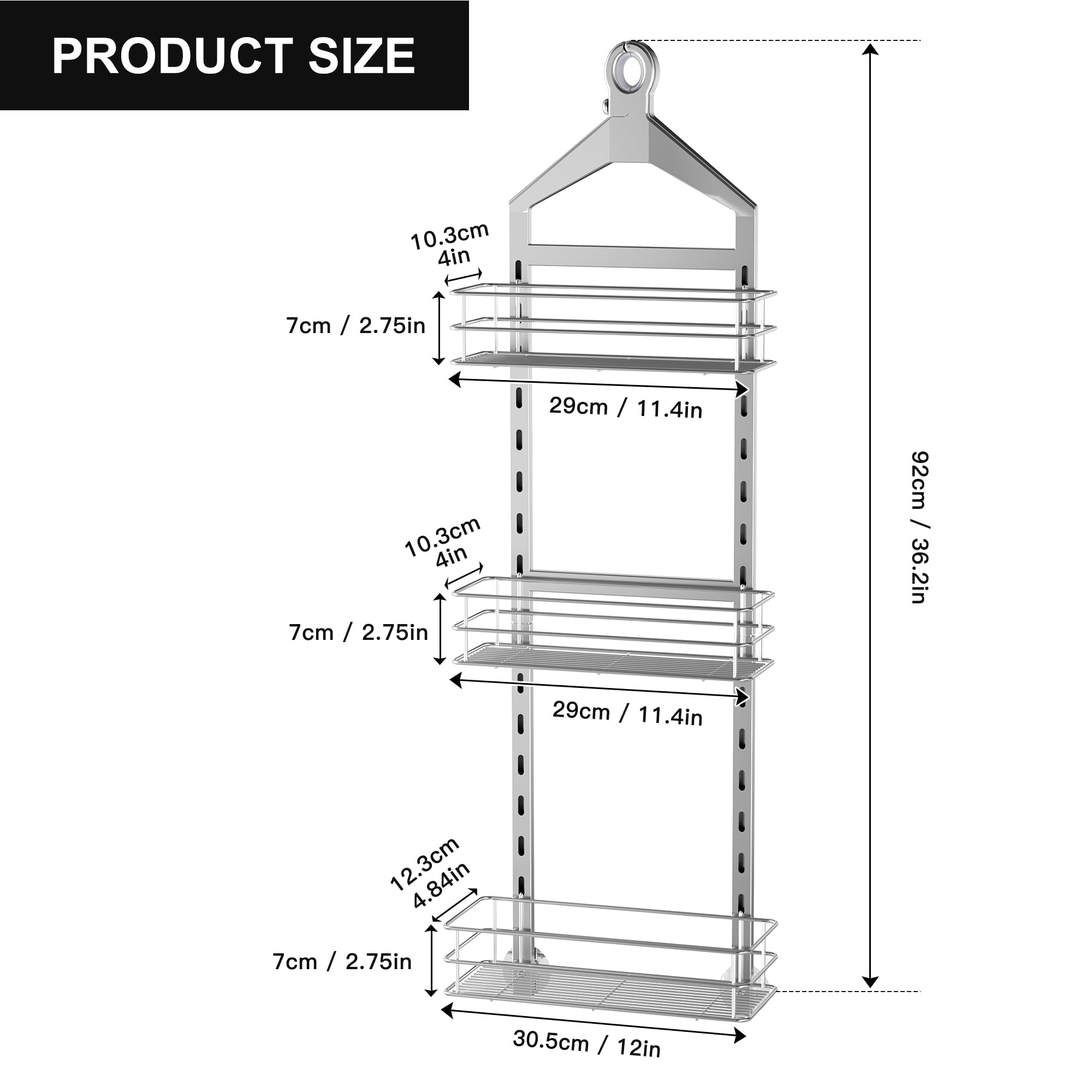Orimade Adjustable Anti-slip Shower Caddy over Shower Head, Rustproof Bathroom Hanging Shower Organizer with 2 Hooks for Razor, No Drilling Shower Shelves Storage Rack 3 Tier, Silver Grey