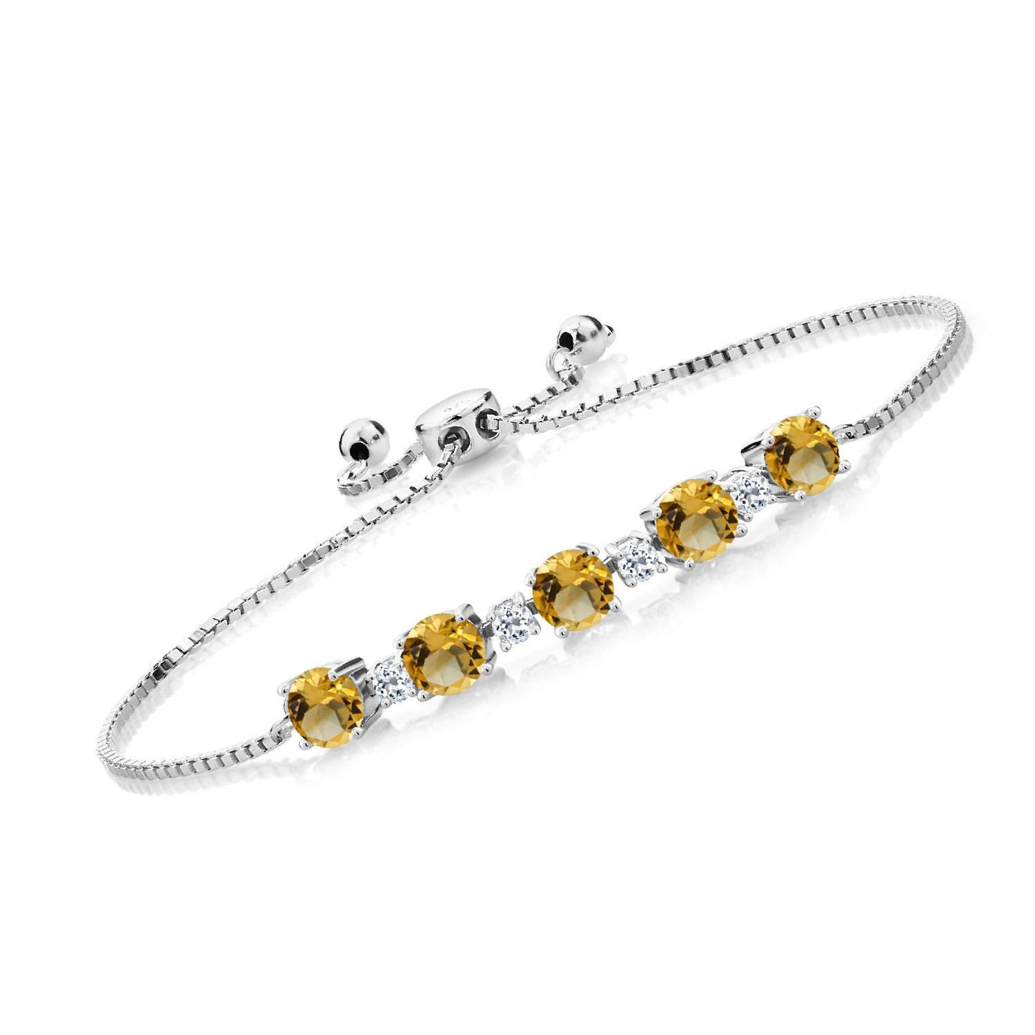 Gem Stone King925 Sterling Silver Round Yellow Citrine and White Topaz Tennis Bracelet For Women (3.97 Cttw, Gemstone Birthstone, Fully Adjustable Up to 9 Inch), 9", Metal Gemstone, citrine Topaz