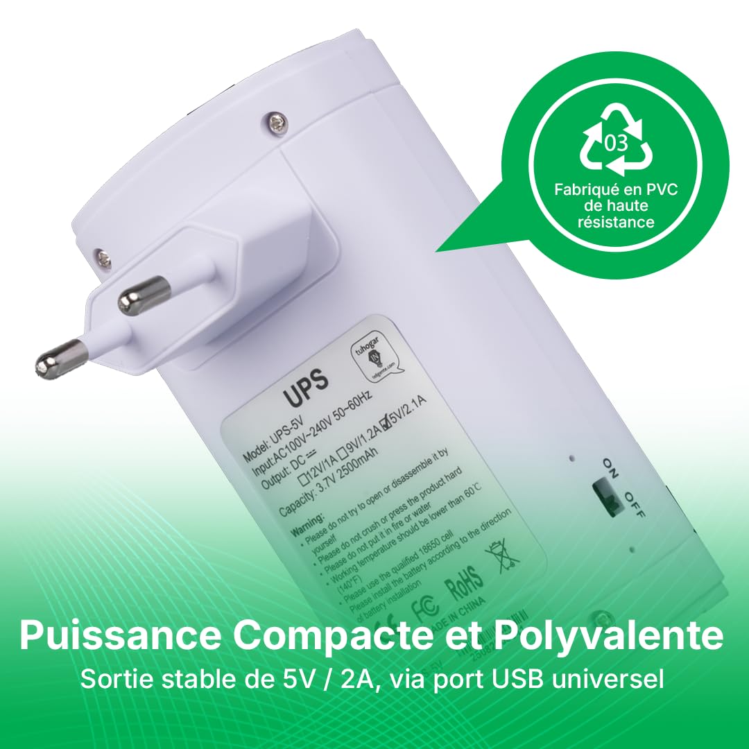 Mini UPS 5V Onduleur de Grande Capacité | Batterie Interne 2500mAh Et Connecteur USB | Système d'alimentation Ininterrompue Onduleurs pour Box Internet, Caméras Et Micro Onduleur 5V (Max. 2A)