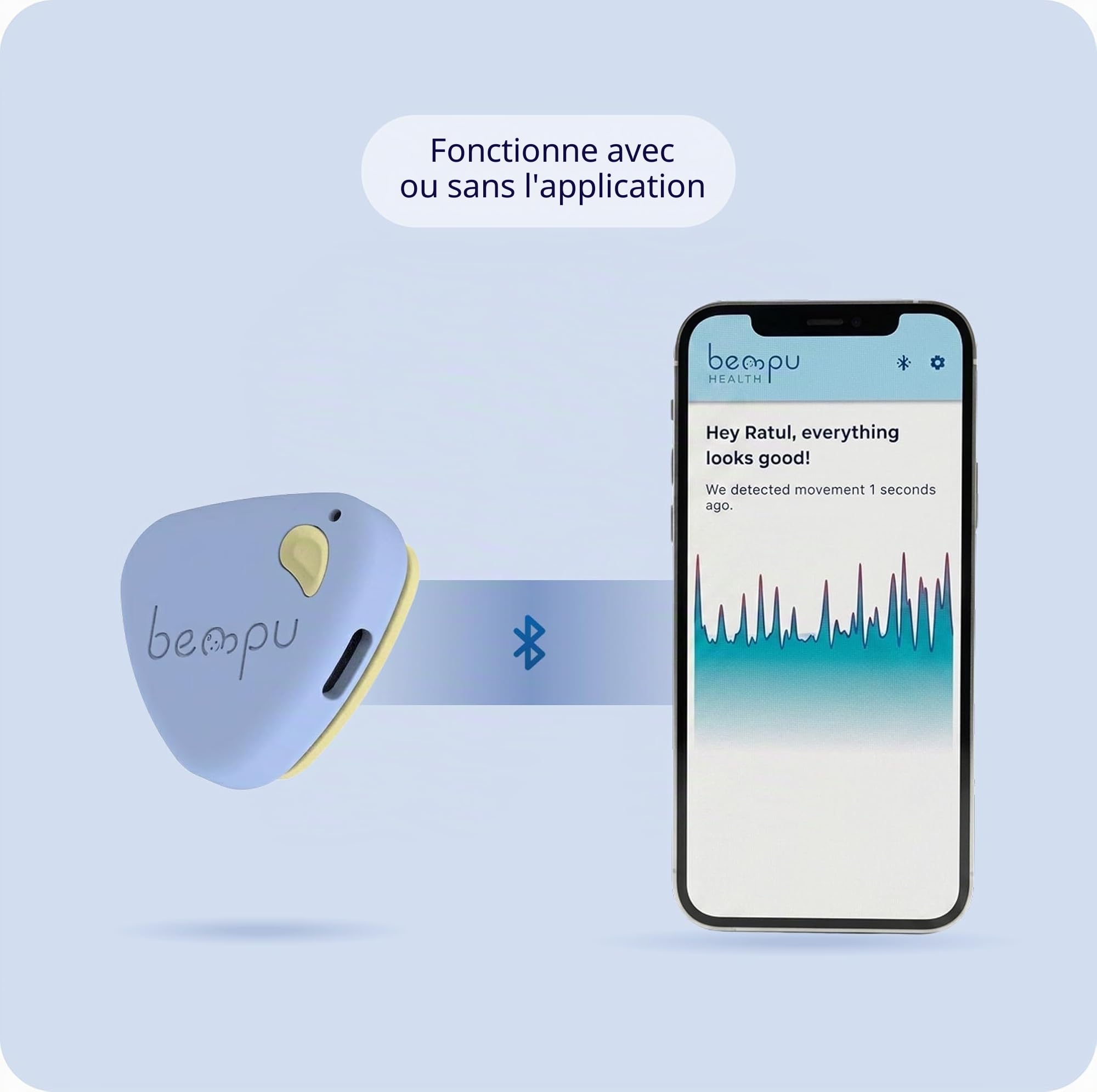 Bellybutton Moniteur de respiration intelligent pour bébé pour un sommeil plus sûr avec vibrations douces, notifications d'application, facile à clipser, portable, matériaux de qualité médicale