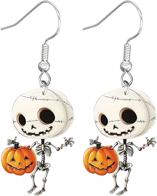 Cute Halloween Gifts for Women,Skeleton Pumpkin Dangle Earrings for Adults,Skull Halloween Earrings for Daughter/Mom/Teacher