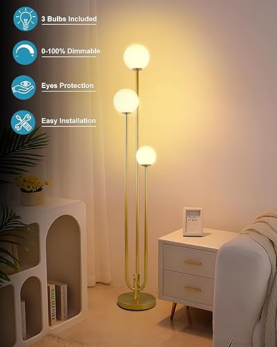 Miniatura 3 de Lightdot Lámpara de pie dorada de 63 pulgadas, regulable, 3 luces, globo LED, con 3000 K, blanco cálido suave para bodafiesta, portavelas, lámpara