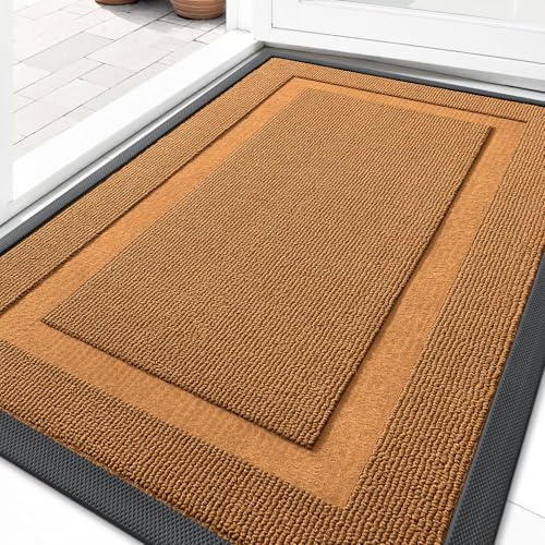 Image of OLANLY Front Door Mat Indoor Outdoor Entrance, Waterproof All-Season, All-Weather Doormat, Sturdy Natural Rubber, Low Profile, Easy Clean Patio Porch Entryway Mat, 29.5x17, Tangerine Orange
