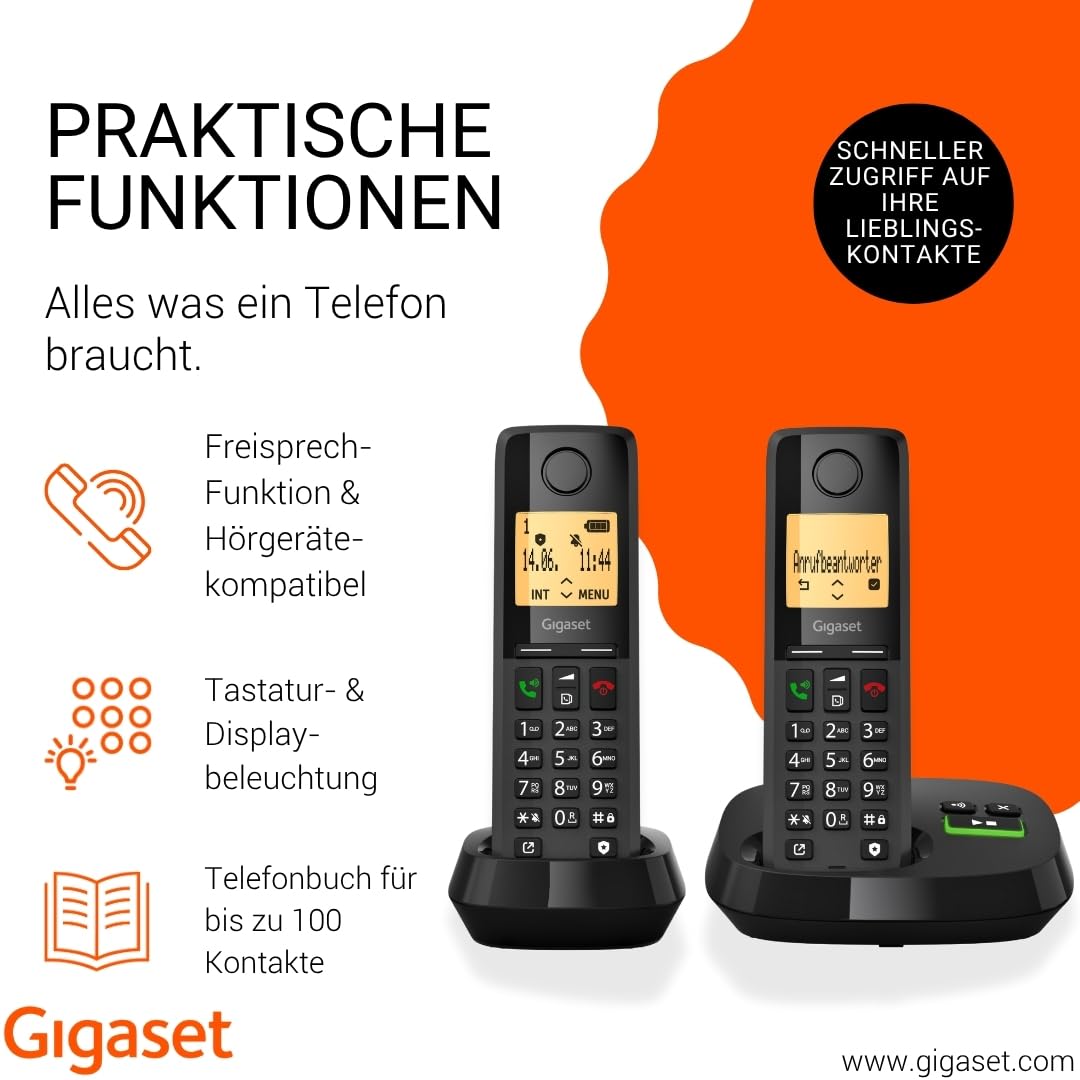 Gigaset Pure 320A Duo - Schnurloses DECT-Telefon mit Anrufbeantworter - mit Call-Block-Taste und Freisprechfunktion - 100 Kontakten, schwarz [Kompatibel in DE, IT, FR, NL, BE, Che, AUT]