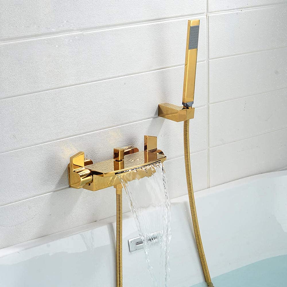 Mitigeur de baignoire cascade doré en cuivre avec douchette et robinet de douche