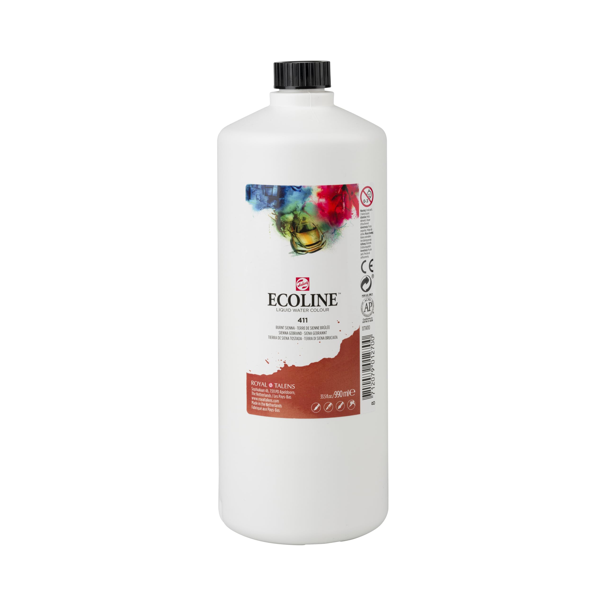 Ecoline - Liquid Watercolour Bottle 990 ml Burnt Sienna 411 - Brilliant Dye & Gum Arabic Watercolor Paint with Dosing Nozzle