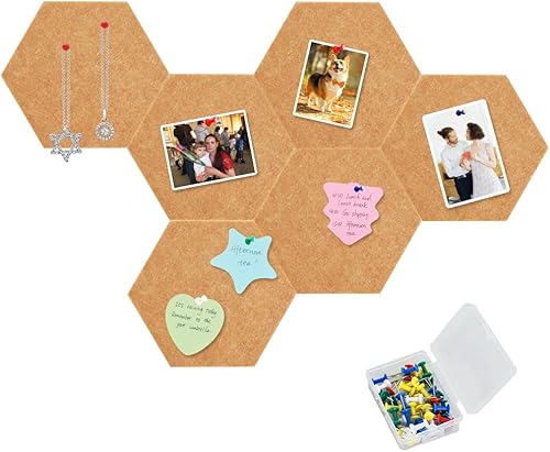 Vuzvuv 6 tableros hexagonales de corcho marrón camello con 50 alfileres y notas adhesivas, tablero de anuncios autoadhesivo, sin daños para la