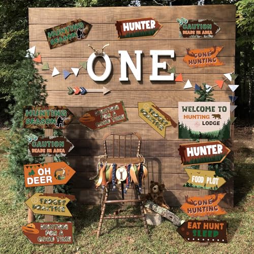 Image of Hooqict 20 Pieces Hunting Party Decorations Hunting Themed Party Directional Signs for Camo Deer Birthday Party Decorations Welcome to Camouflage Party Supplies for Boys Men