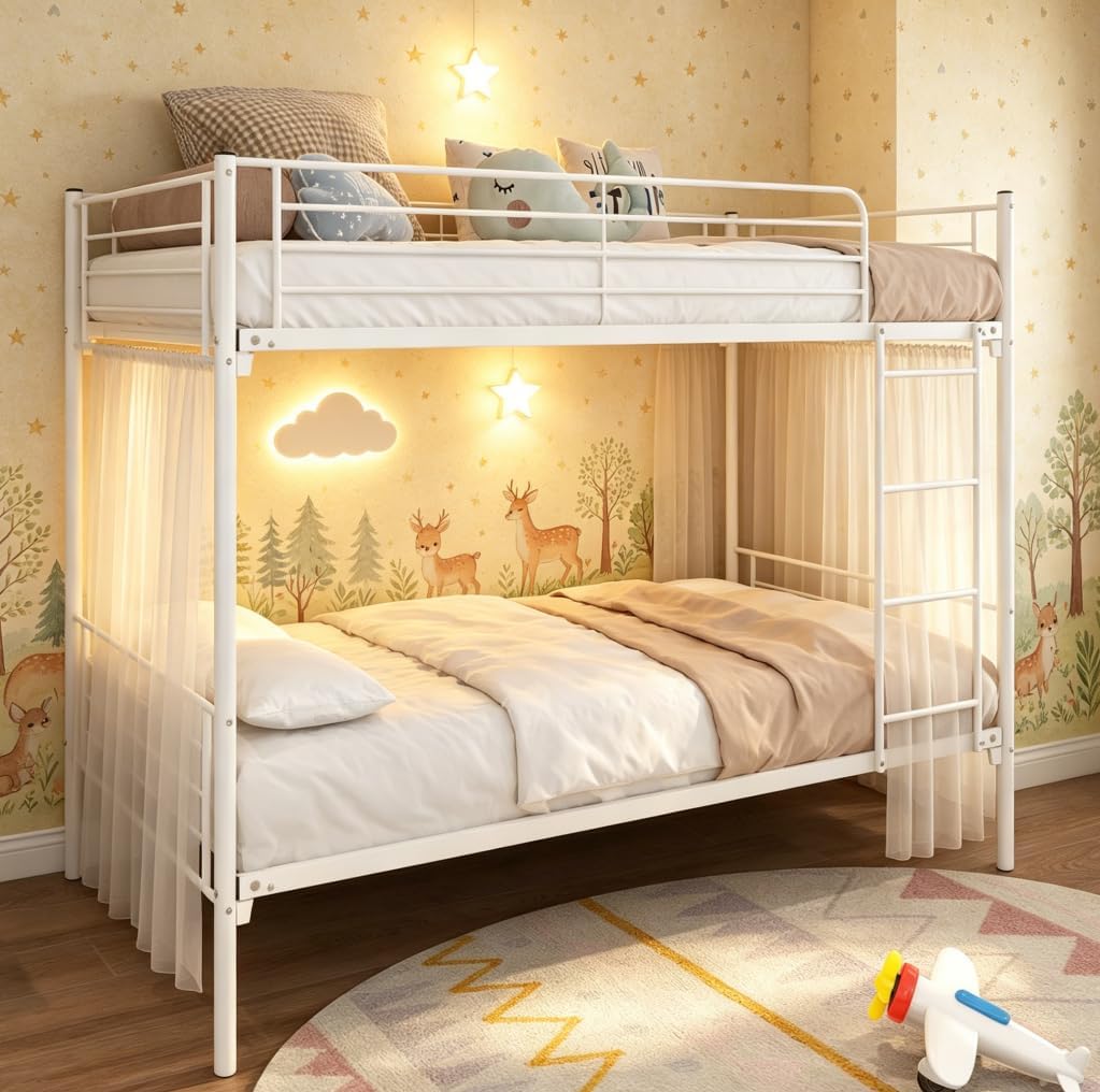 Bellemave Bunk Bed Twin Over Twin, Metal Bunk Bed with Guardrails, Twin bunk beds for Kids, Teens & Adults(White)