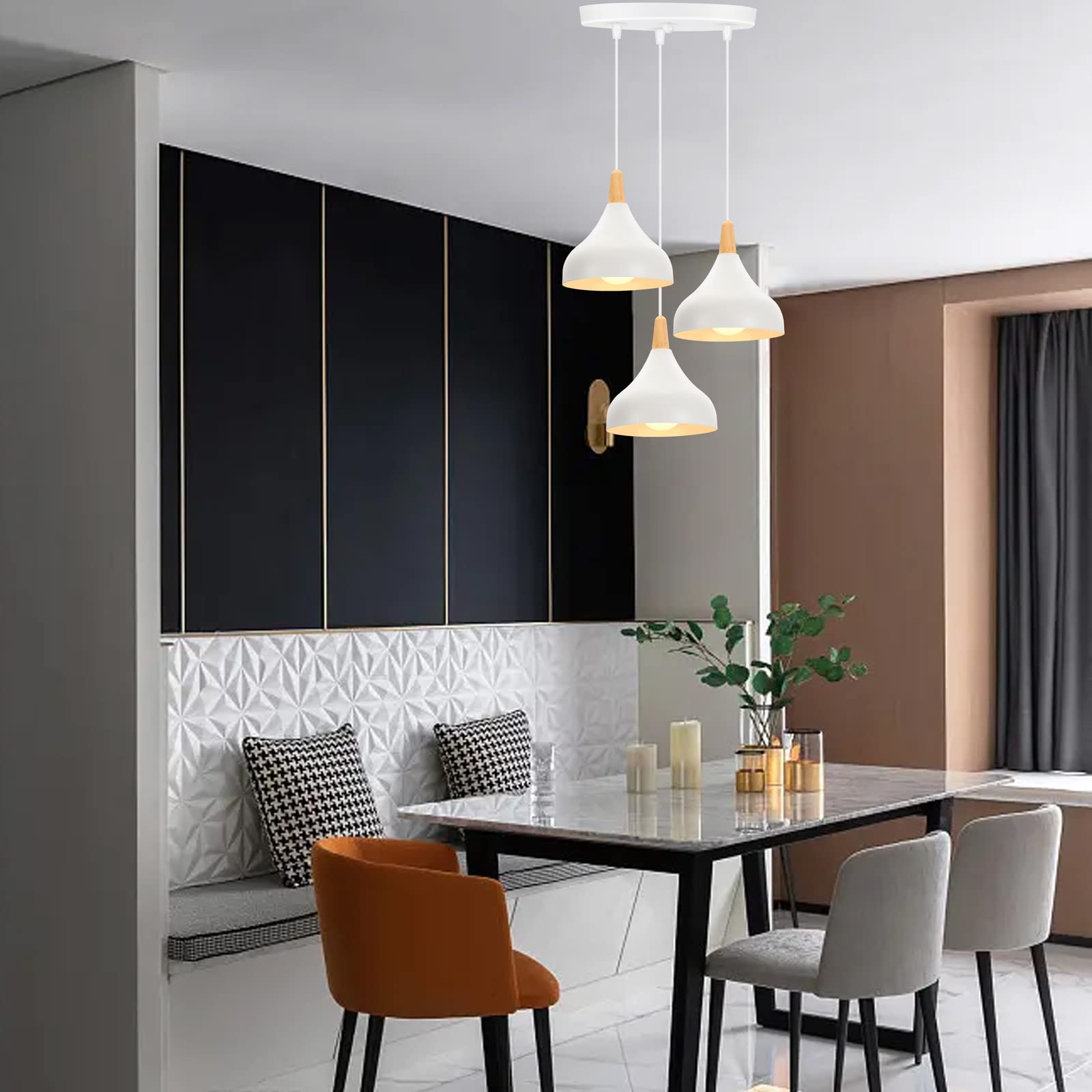 iDEGU 3 Luci Lampadario a Sospensione Retrò LED Lampada a Soffitto in Legna Metallo Moderna Lampada a Sospensione Stile Scandinavo Plafoniera per Soggiorno Camera Sala da Pranzo (Bianco, Rotondo)