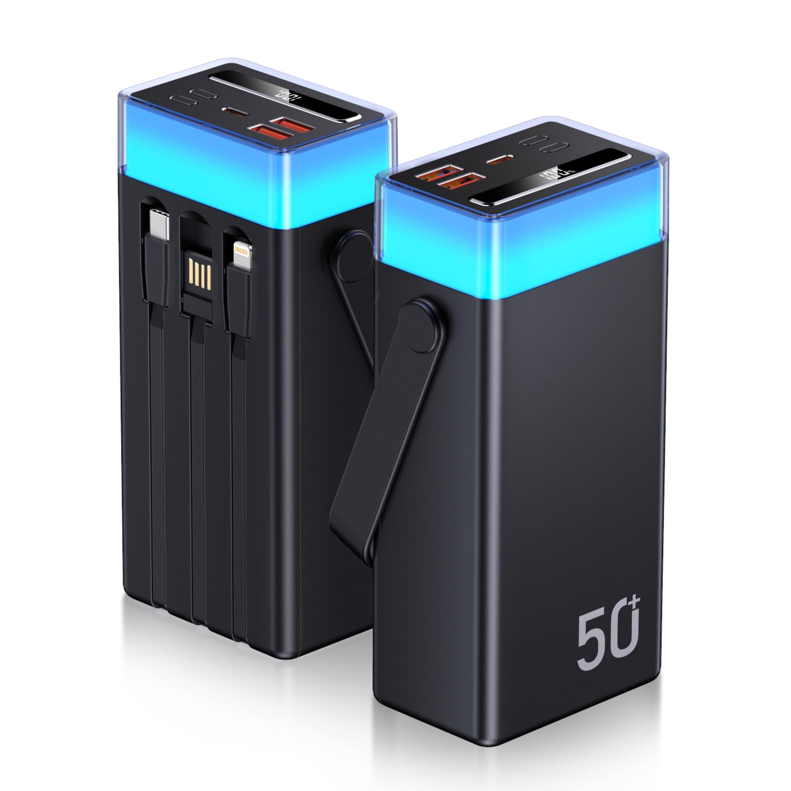2026 Powerbank 50.000 mAh grande, 22,5W USB-C Quick Charger, Power Bank con 3 cables, 5 salidas, batería externa portátil con pantalla LED, linterna compatible con iPhone, Samsung (negro mate)