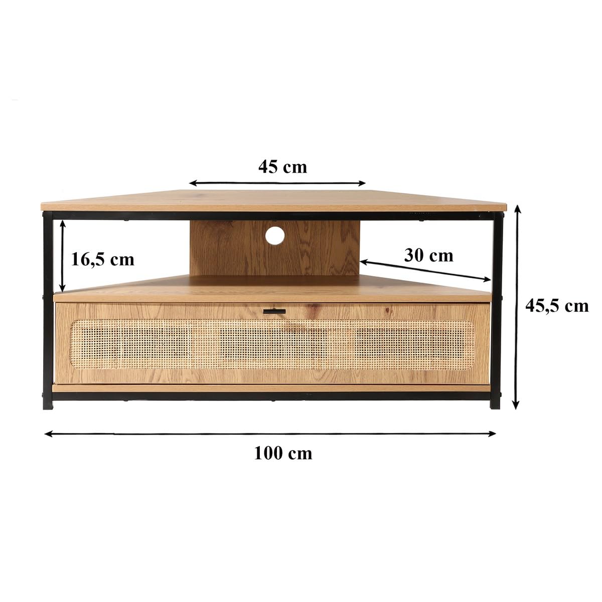 Calicosy – Mueble de TV esquinero con 1 puerta abatible, cannage de ratán – Decoración de madera – paneles de partículas – patas de metal – salón o dormitorio – estilo exótico y natural – 100 x 30 x