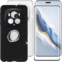 for Honor Magic6 Pro 6.80" Phone Case + Screen Protector, Shockproof Cover Bumper Slim Silicone TPU Anti-Scratch Case + Tempered Glass with Phone Ring Holder Adjustable 360 - Black