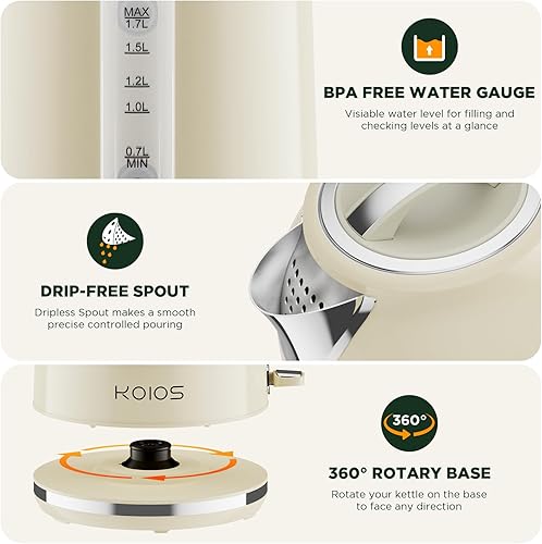 Miniatura 6 de KOIOS - Hervidor de té eléctrico con termómetro, caldera de agua rápida de acero inoxidable sin BPA de 1.7L 1500 W con indicador LED, olla de té