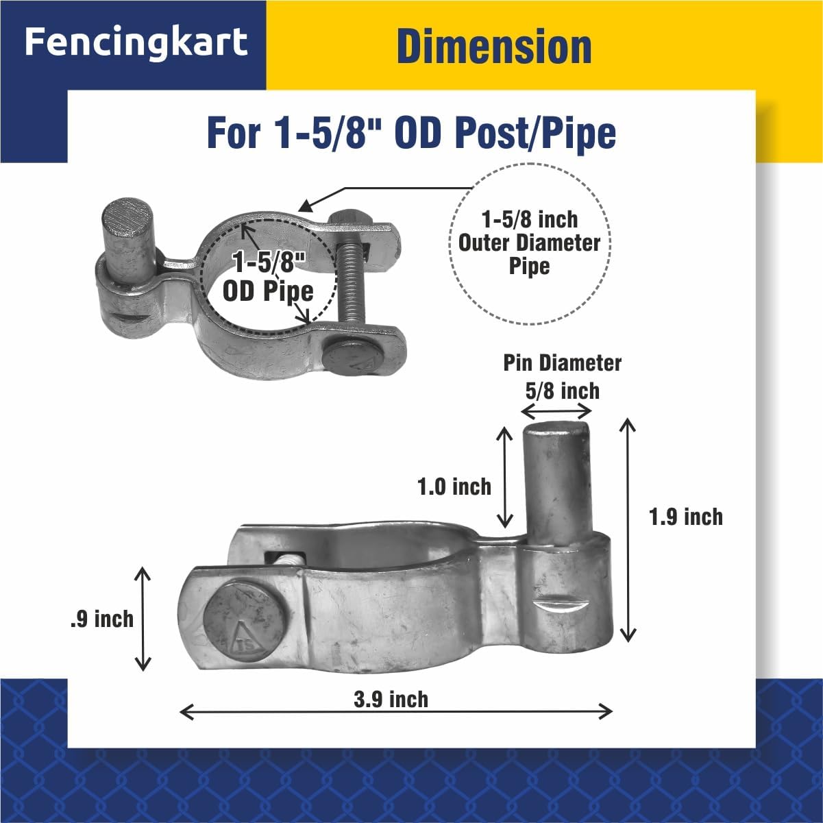 Chain Link Fence Male Gate Post Hinge Set, 1-5/8 inch OD Post, 4 Pack with Hardware + Nuts & Bolts (Silver, 1-5/8") Galvanized