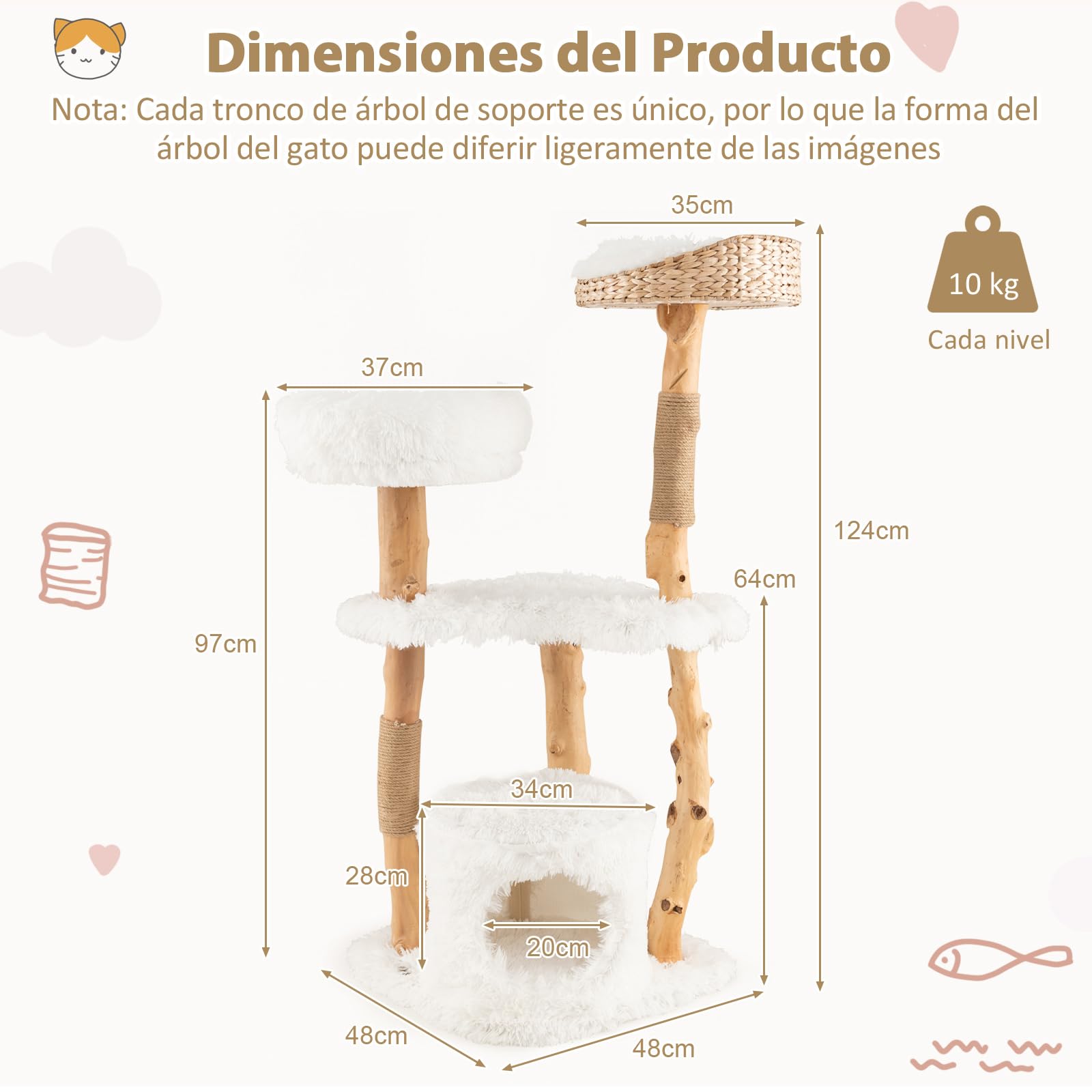 COSTWAY 124cm Árbol Rascador para Gatos de Madera Maciza, Torre Rascador para Gatos con Postes de Sisal, Condominio, Plataformas, Centro de Actividades de Múltiples Niveles para Gatos, Blanco (124cm)