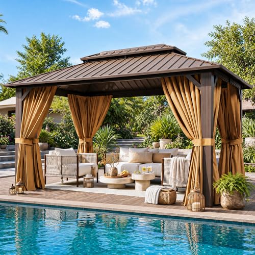 Image of 10x12FT Hardtop Gazebo Brown | Permanent Outdoor Pergola with Double Galvanized Steel Roof and Curtains and Netting for Backyard, Patio, Lawn and Garden
