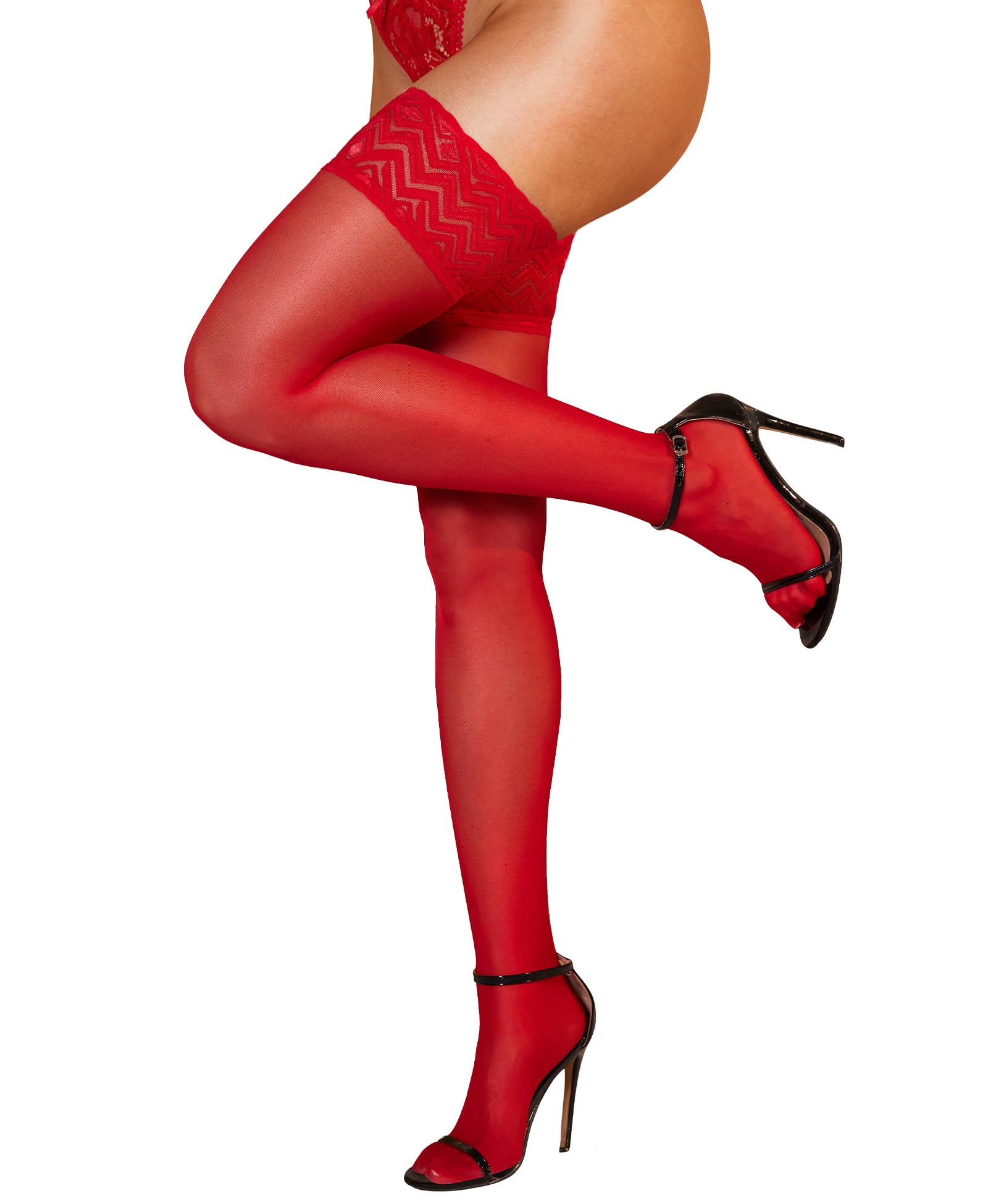 Luslove Women's Red Hold Up Stockings For – Sexy Lace Top Thigh High Tights With Anti-Skid Silicone One Size