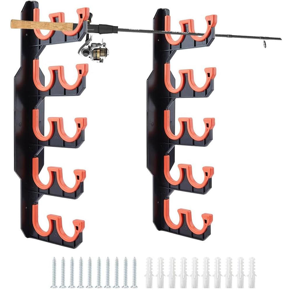 SUPERFINDINGS Fishing Rod Holder Dual-row Design Fishing Pole Holders for Garage Plastic Wall or Ceiling Mounted Fishing Rod Rack with Soft Protective Pad Holds Up to 10 Rods or Combos