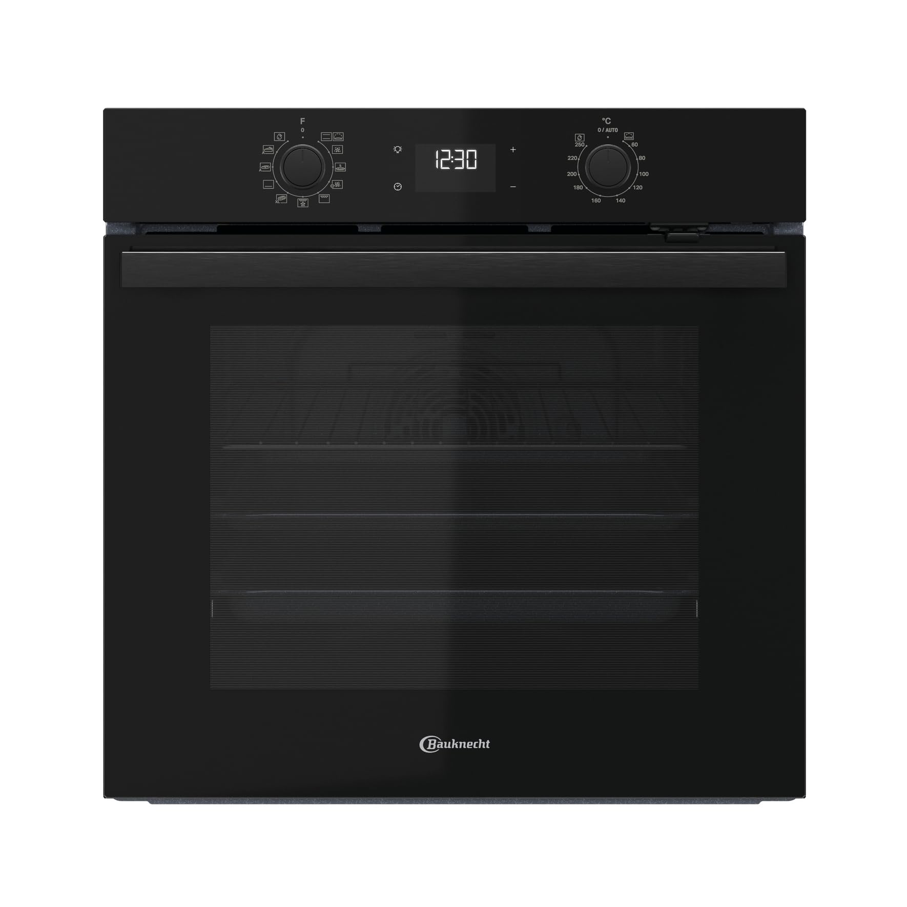 Bauknecht BBA285HU1K Einbau-Backofen, 60 cm, 71 l, Heißluftbackofen mit 12 Funktionen, PowerHeißluft, Multi-Level-Kochen, Pizzafunktion, versenkbare Knebel, Schwarzglas