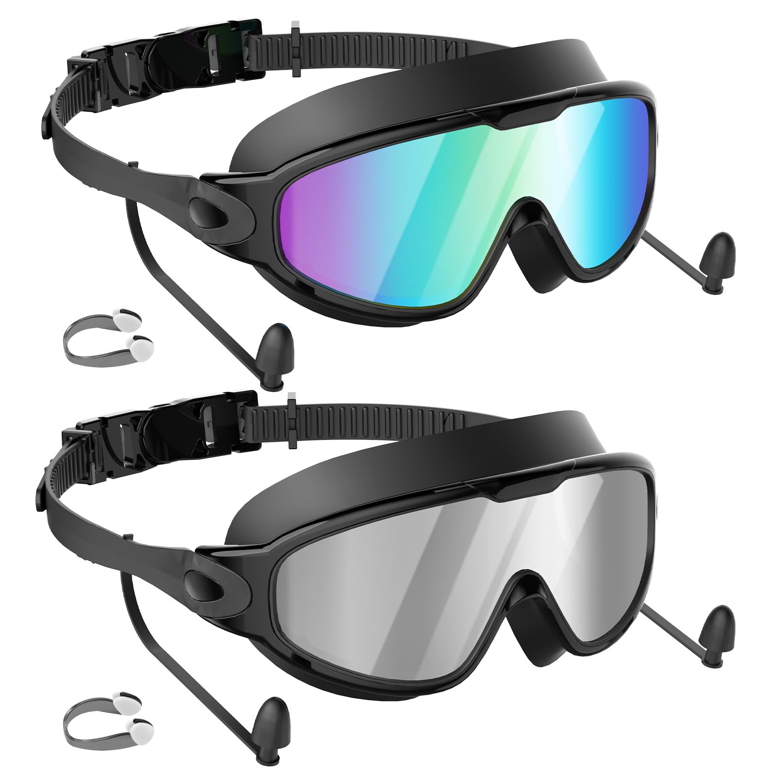 SHINER Swimming Goggles 2 Pack for Adult Men Women, Anti-fog UV Protection No Leak 180° Wide View Clear Vision Pool Swim Goggles for Youth (Blue Silver)