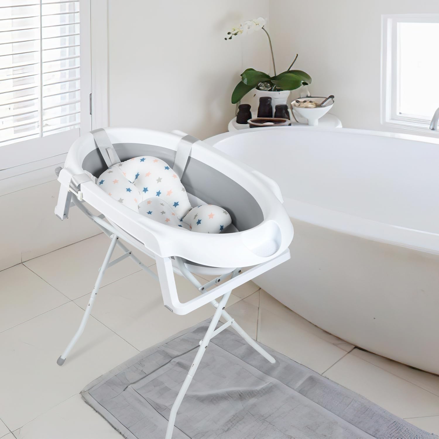 Ikodm Baby Badewanne mit Gestell, Faltbare Babybadewanne mit Rutschfestem Ständer, Baby Wanne mit Badematte, Badewanneneinsatz Baby für Neugeborene Kleinkinder, Grau