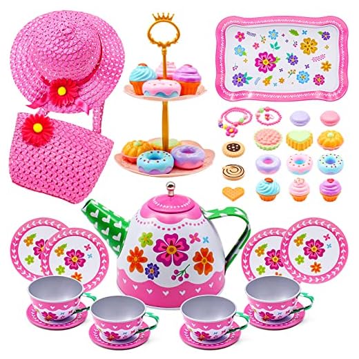 34PCS Kids Tea Party Set for Little Girls, Princess Pretend Play Toy Tin Tea Set, Dessert Teapot Dishes Playset, Flower Hat & Purse, Jewelry Sets, Birthday Gift Toys for Girls Toddlers Kids Ages 3+…