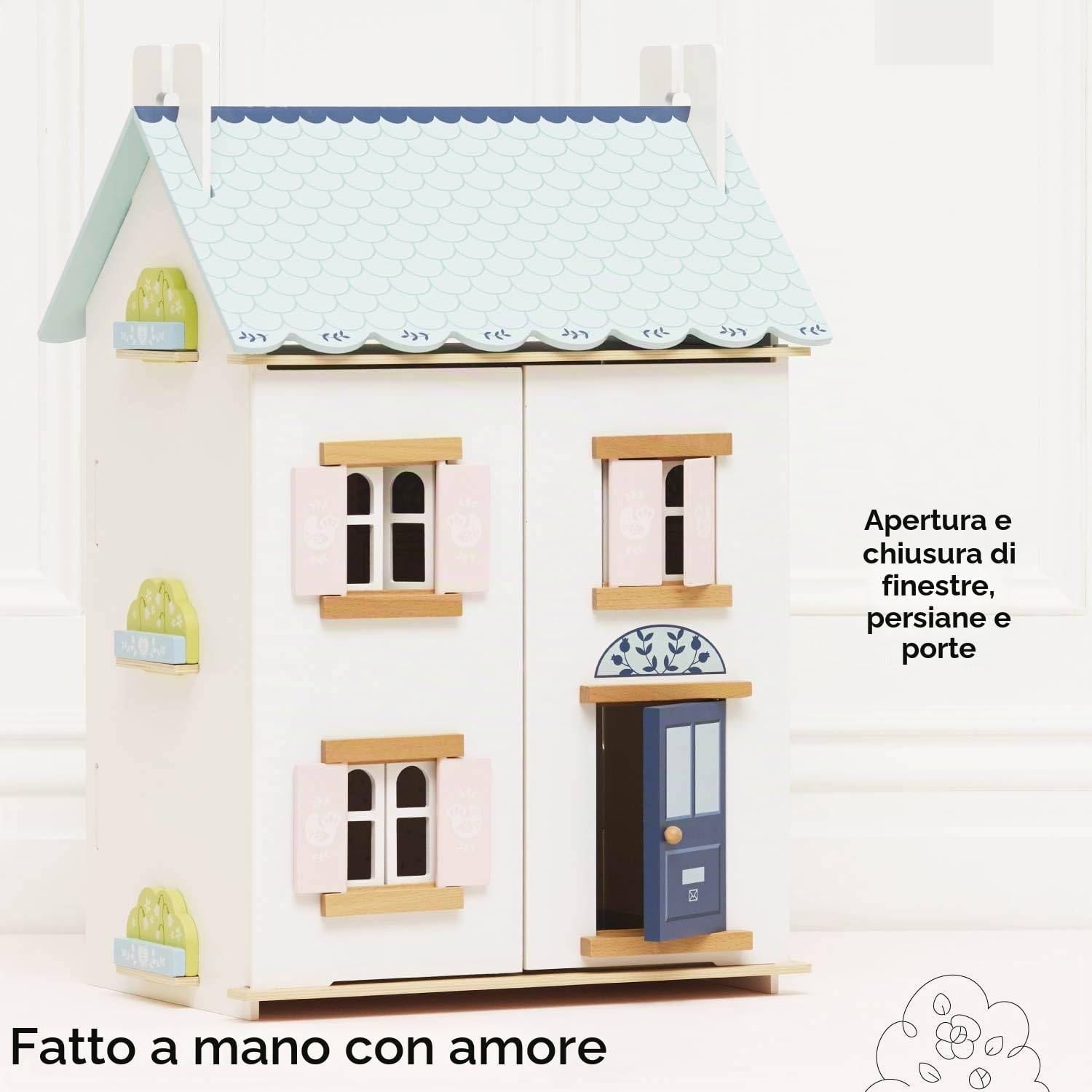 Le Toy Van - H125 - Casa delle bambole Blue Belle in legno certificato FSC, 3 anni, per bambina, 2 piani, l 44 x p 36 x h 66 cm, con persiane, finestre e porte apribili, gioco Montessori ecologico