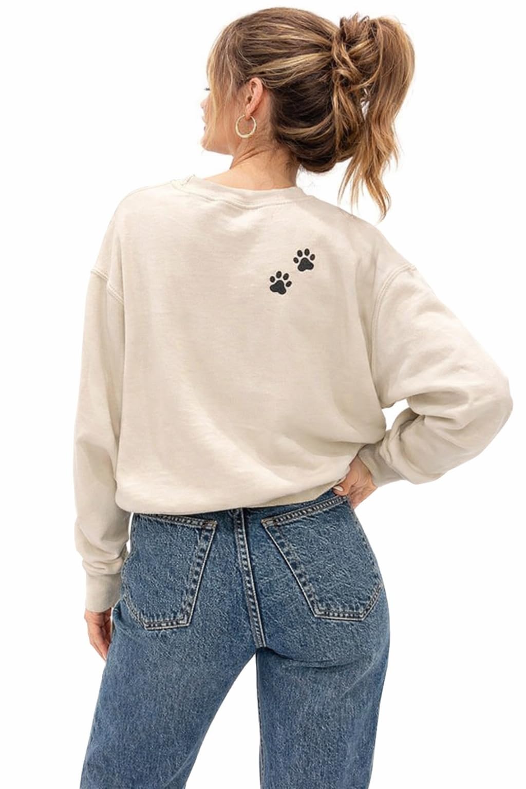 sxv style Dog Mama Sweatshirt, Beige, Long Sleeve, Paw Print Design, Crew Neck, Women's Casual Top-picture-38