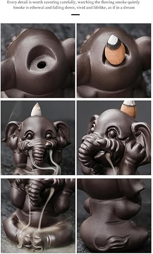 Miniatura 5 de YYW Elefante pequeño, juego de 3 soportes de incienso de reflujo, quemador de incienso de cerámica con 10 conos de incienso de reflujo para