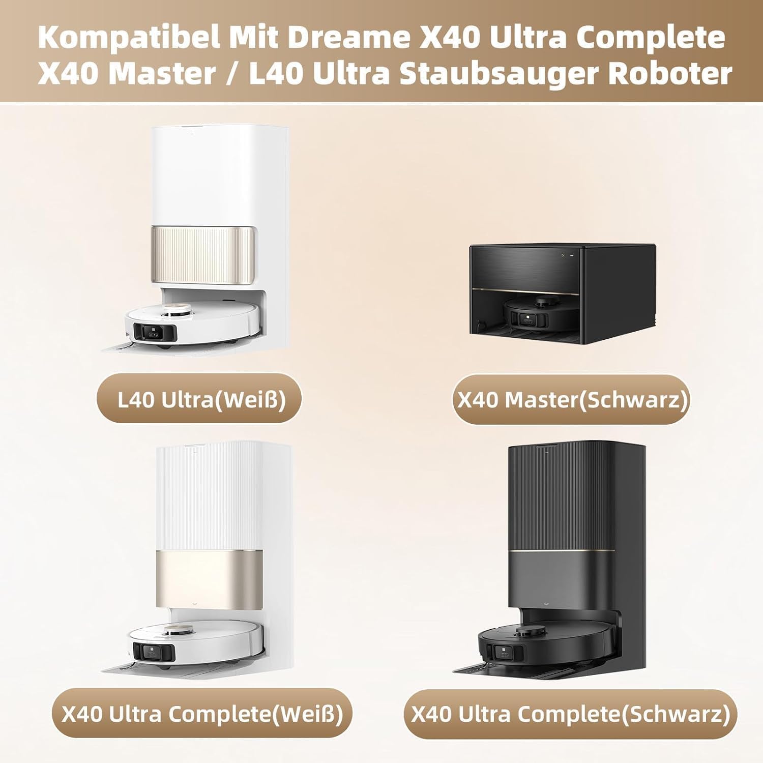 Ersatzteile für Dreame X40 Ultra Complete L40 Ultra (Gen 2) X40 Master MOVA P10 Pro Ultra Wischpads X4 Staubbeutel X4 Filter HEPA X3 Tri-Cut Hauptbürste X1 Seitenbürsten X3 Zubehör