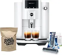 Jura Máquina de café automática E4 (branco piano) com filtragem de água CLEARYL Smart+, 6 tabletes de limpeza e mistura de café integral da costa leste (4 itens)