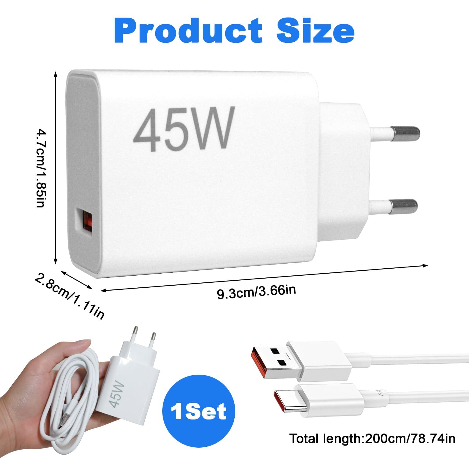 Caricabatterie da 45 W con cavo USB C per Xiaomi Redmi Note 14 Pro 5G, 6 A, caricatore rapido USB Power cellulare, adattatore ricarica rapida, caricabatterie per Xiaomi Poco X7 M7 Pro M6 Pad 7 6 5