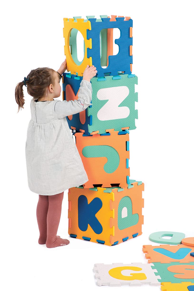 LUDI — Buchstabenfliesen — Riesiger XXL-Schaumteppich — Alphabet 26 Fliesen — abnehmbare Buchstaben — 2D- und 3D-Puzzle — ab 10 Monaten