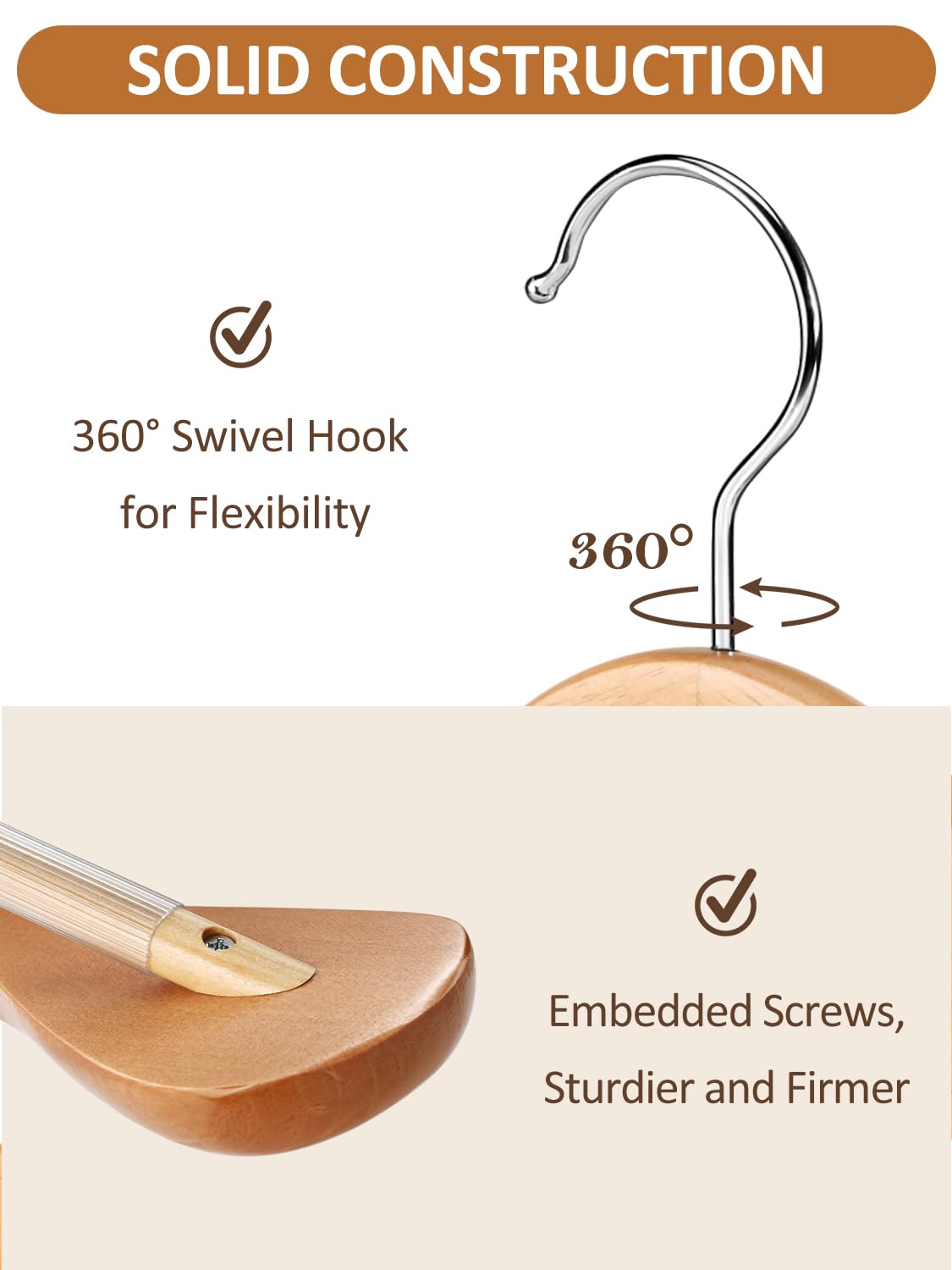 AMKUFO Perchas de madera de hombro ancho, paquete de 8 perchas con barra antideslizante para pantalones, perchas de madera resistentes con acabado suave, gancho giratorio de 360° para suéter, chamarra