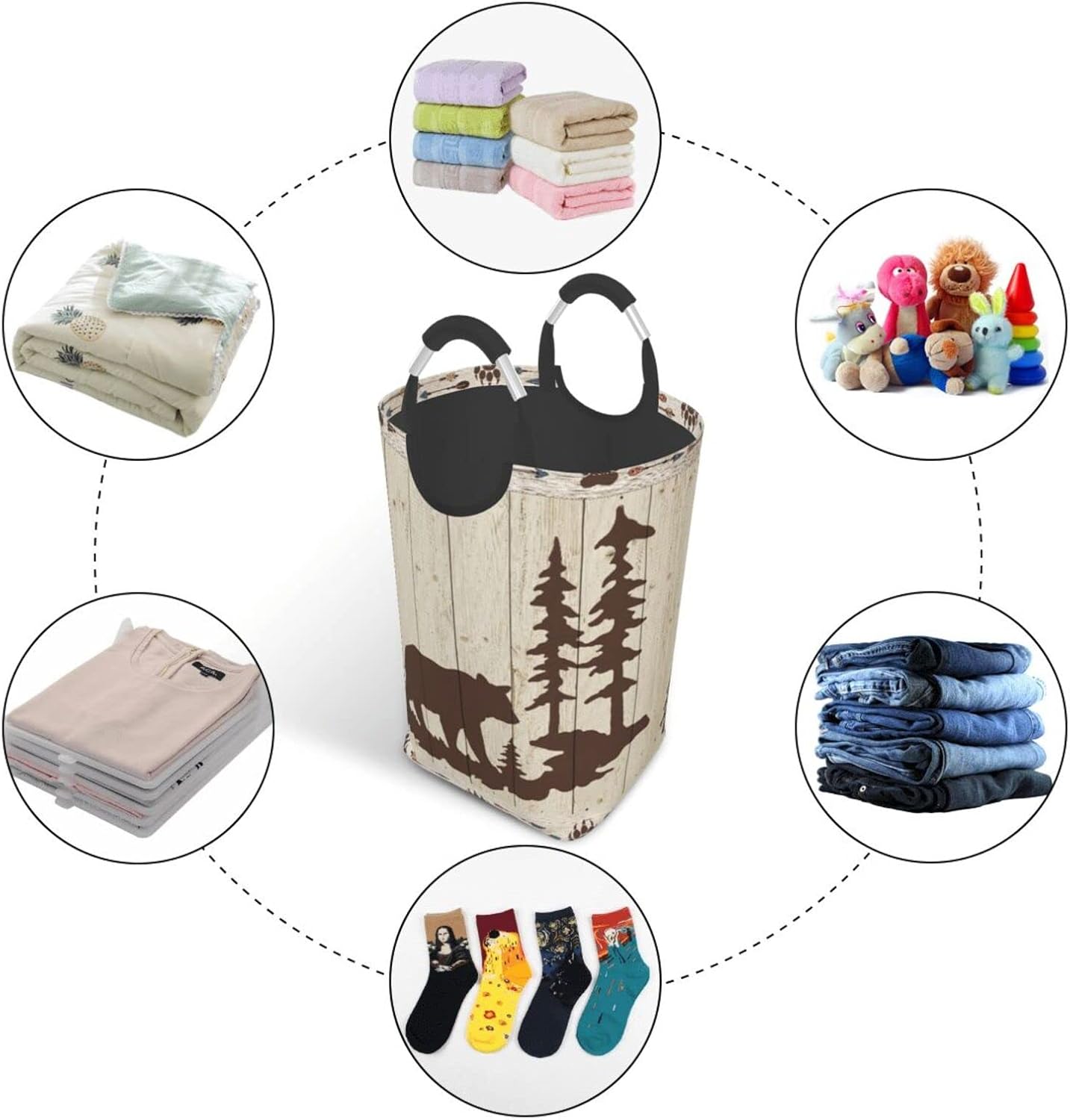 Large Laundry Basket,Wild Animals Rustic Cabin Forest Bear Paw Print Wooden Board,Laundry Hamper Collapsible Organizer Bin with Handles Washing Bin Dirty Basket for Clothes Toys