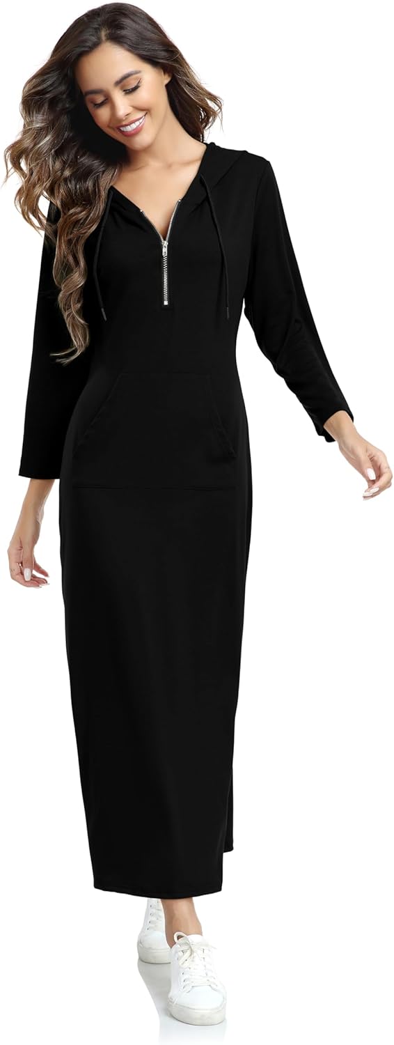 Jacansi Women Zip Up Pullover Hoodie Maxi Dress 3/4 Sleeve Lightweight Slim Split Drawstring Sweatshirt Kangaroo Pocket - Image 2