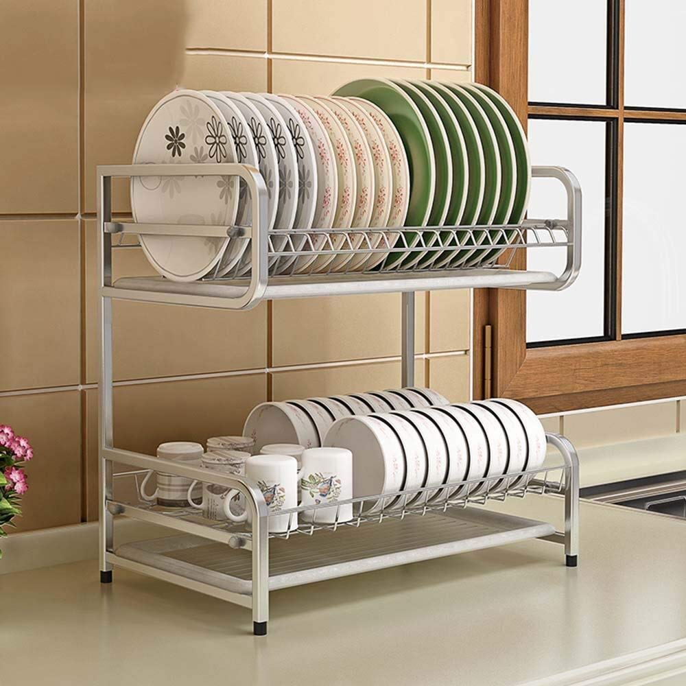 GTHTUHFD Modern Stainless Steel Kitchen Rack 2 Tier Dish Drying Shelf Space Saving Storage Cookware Holder Spice Rack Durable Kitchenware Essential Kitchen Accessories,A