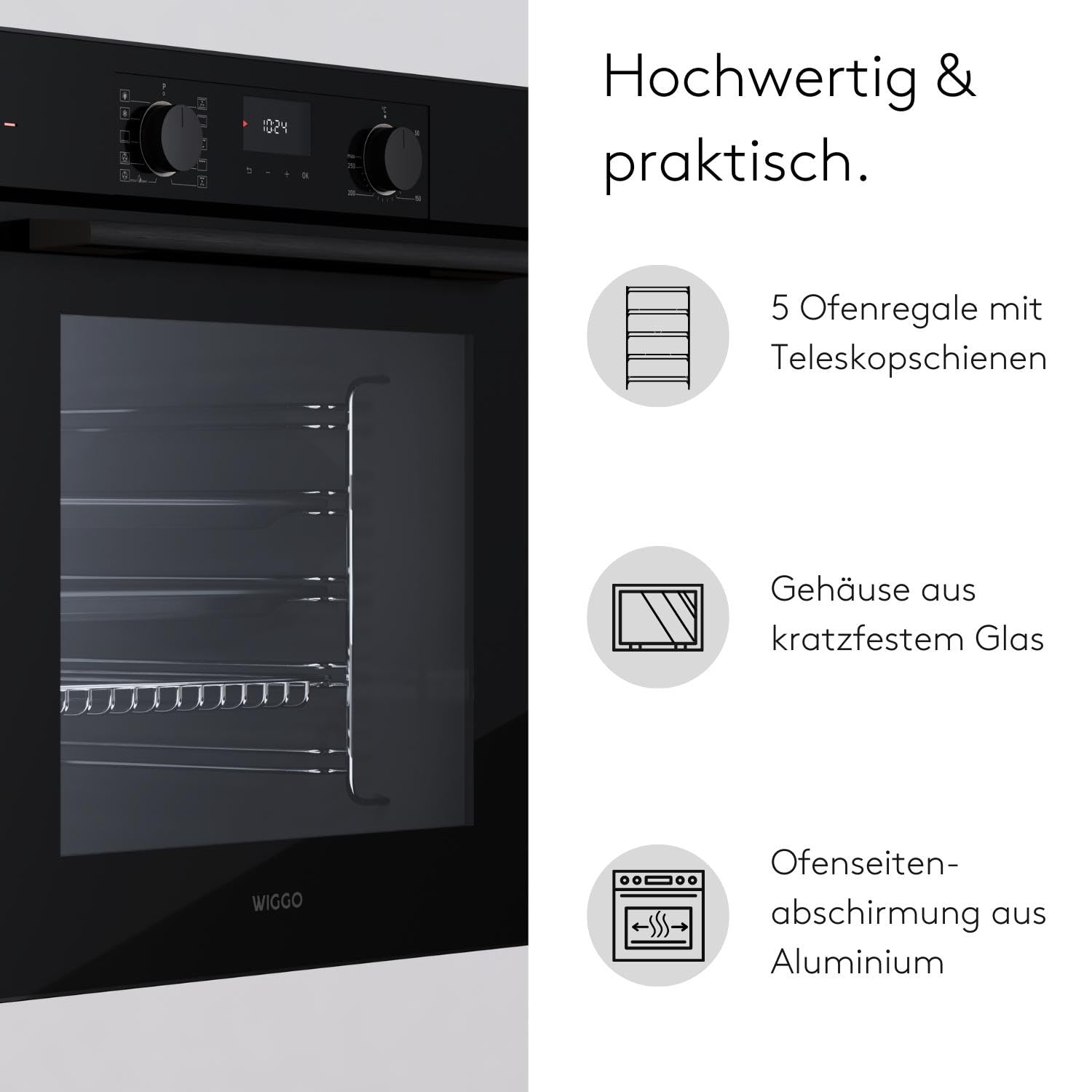WIGGO Backofen Set Schwarz 60cm 73L mit Teleskopschienen Airfry Selbstreinigung 10 Funktionen Soft-Close Einbaugerät