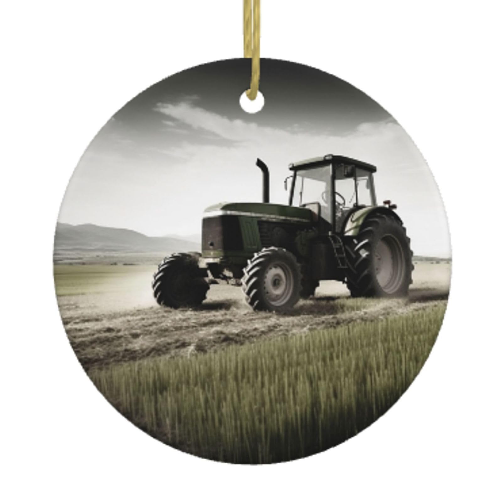 Ceramic Christmas Tree Hanging Ornaments with Gold Ropes Christmas Tree Decorations Round Ceramic Tractor Agriculture Tranquil Pendant Keepsake Decorations for Holiday Xmas Gift Ideas