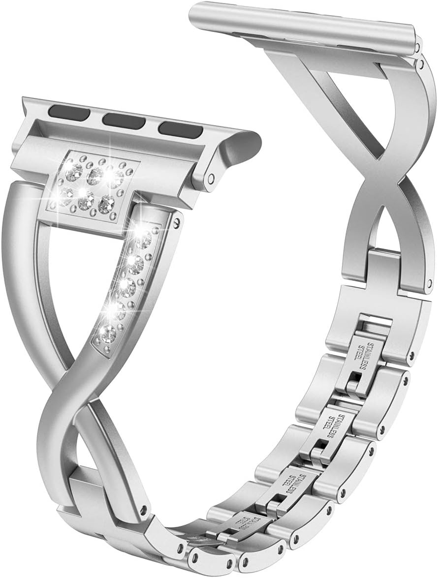 Wearlizer Bling Compatible with Apple Watch Bands 42/44/45/46/49mm 2-color Tone Womens Strap X-Link Rhinestone Metal Wristband for iWatch Series 11 10 9 8 7 6 5 4 3 SE/Ultra 3 2 1 Silver