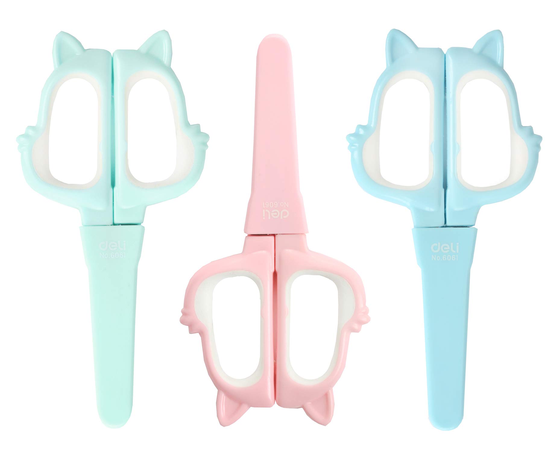 Emartbuy Set of 3 Stainless Steel Scissors With Cover 13 cm - Cat - Pink, Blue and Sea Green — image 1