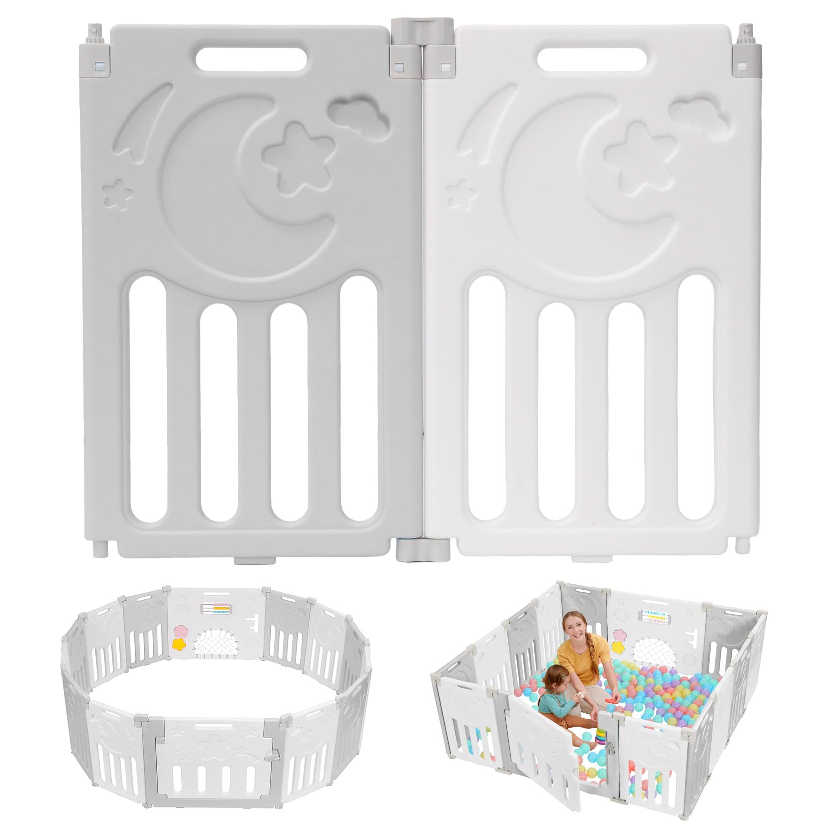 Dripex Parc bebe modulable plastique, panneau pour parc bebe modulable, 2 panneaux, Gris et blanc