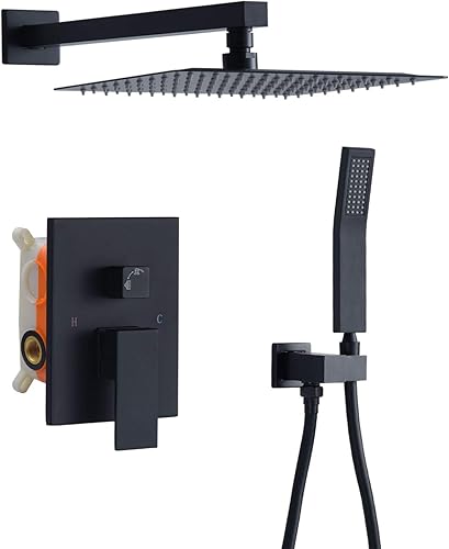 DoBrass Grifo de ducha de lujo con válvula sistema de ducha de lluvia con ducha de mano cabezal de ducha cuadrado de 10 pulgadas montado en la pared