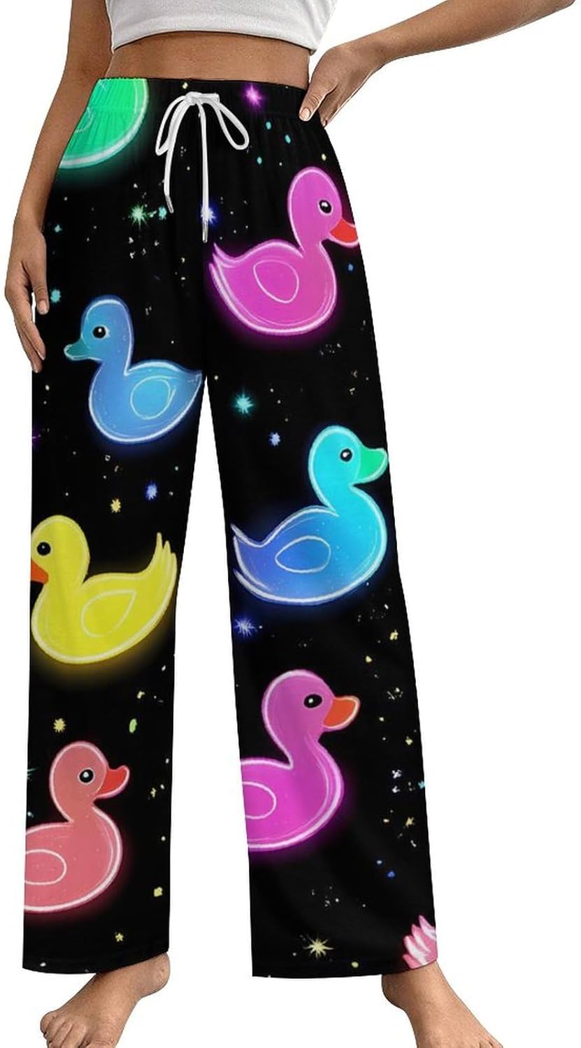 Rubber Ducks Glowing Night Sky Stars Pajama Pants Women Long Pockets Lounge Pj Bottom with Drawstring Belt Sleepwear